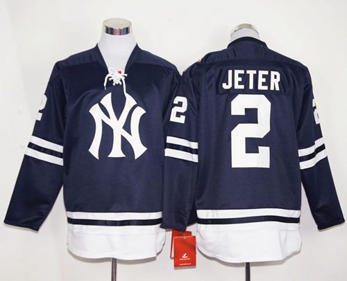 Yankees #2 Derek Jeter Navy Blue Long Sleeve Stitched MLB Jersey - Click Image to Close